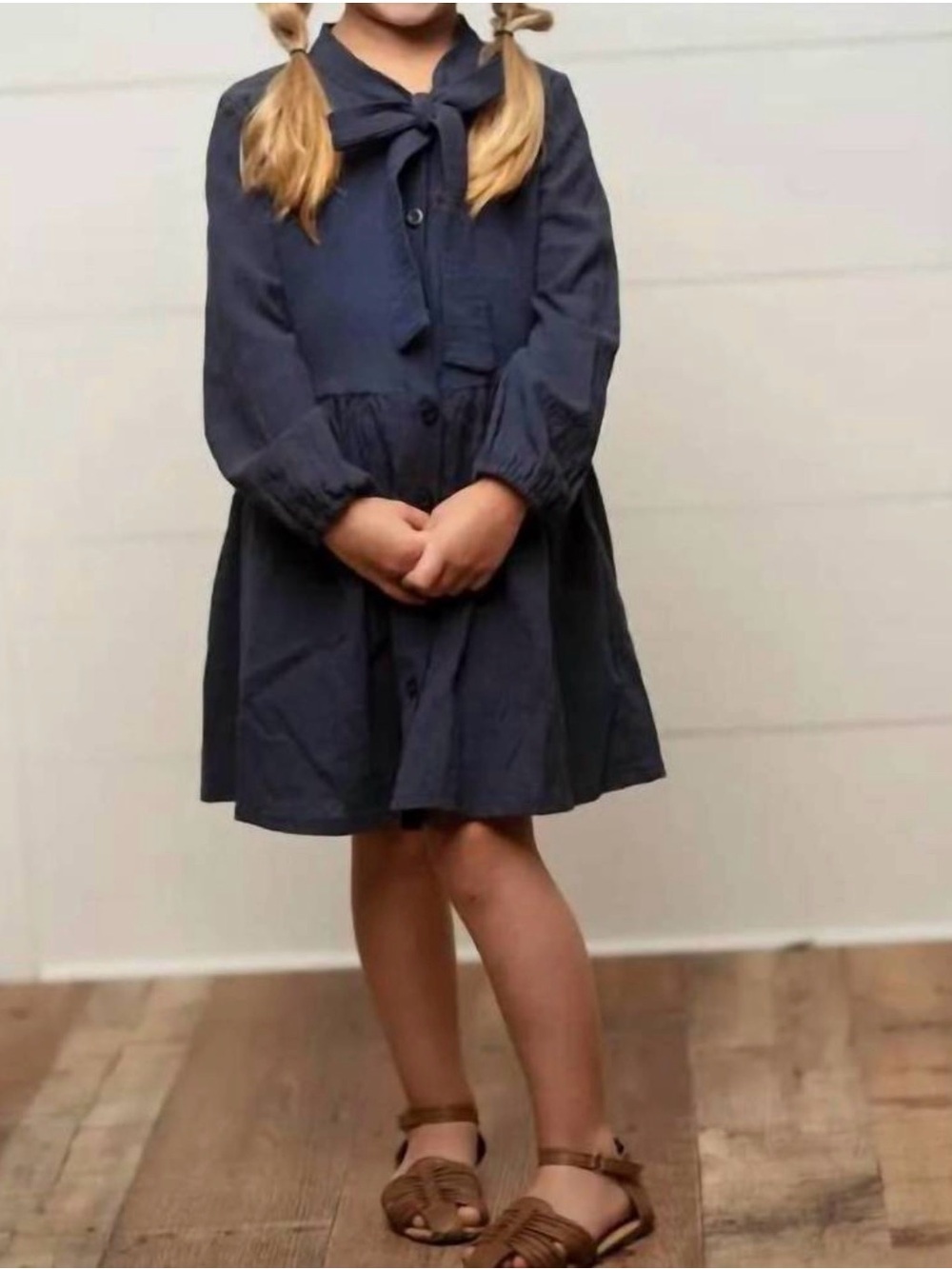 NEW WREN & JAMES kids button long sleeve bow dress in navy blue Size 3